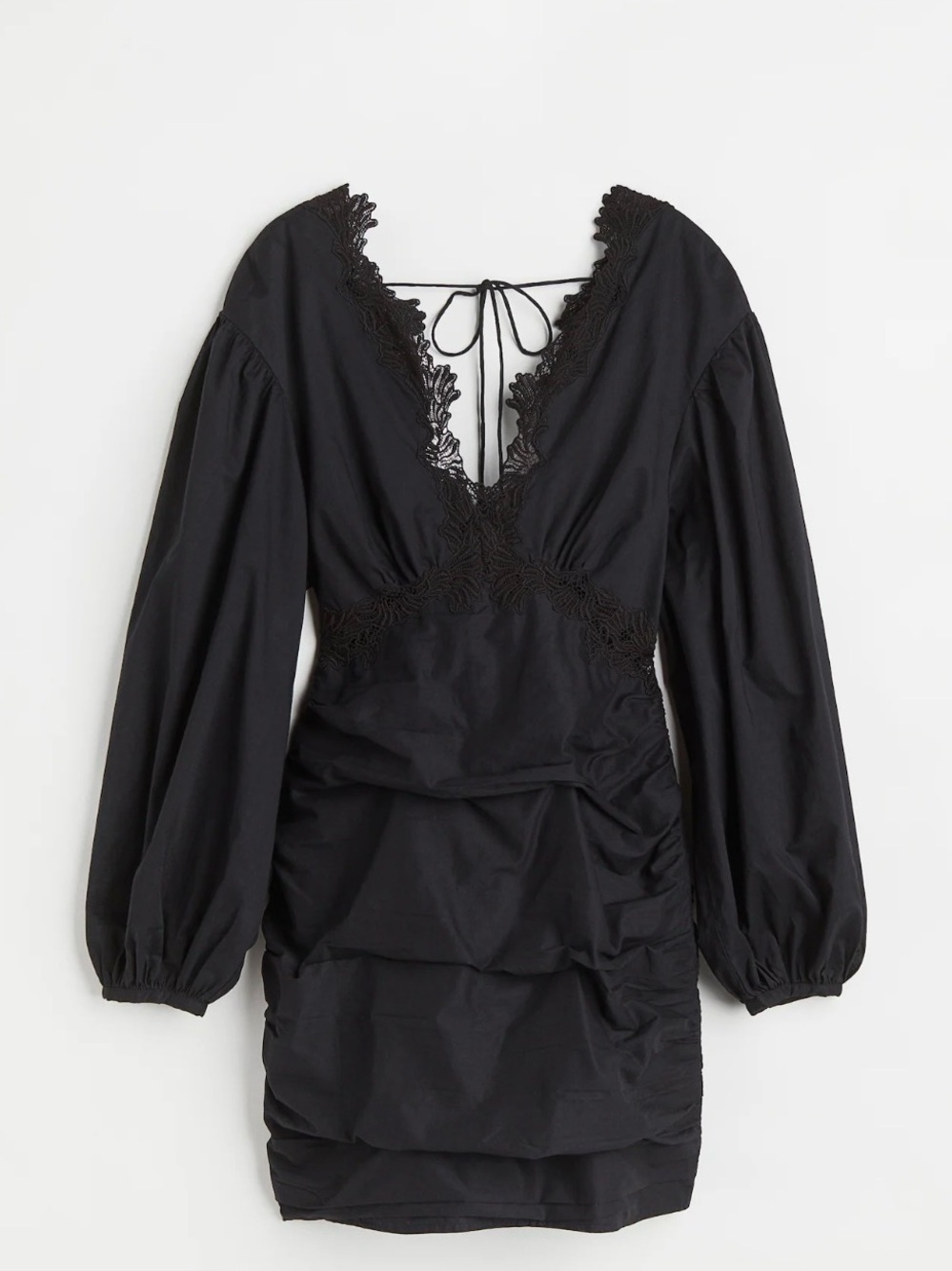 H&M Black V-Neck Lace-Trim Long Sleeve Ruched Dress